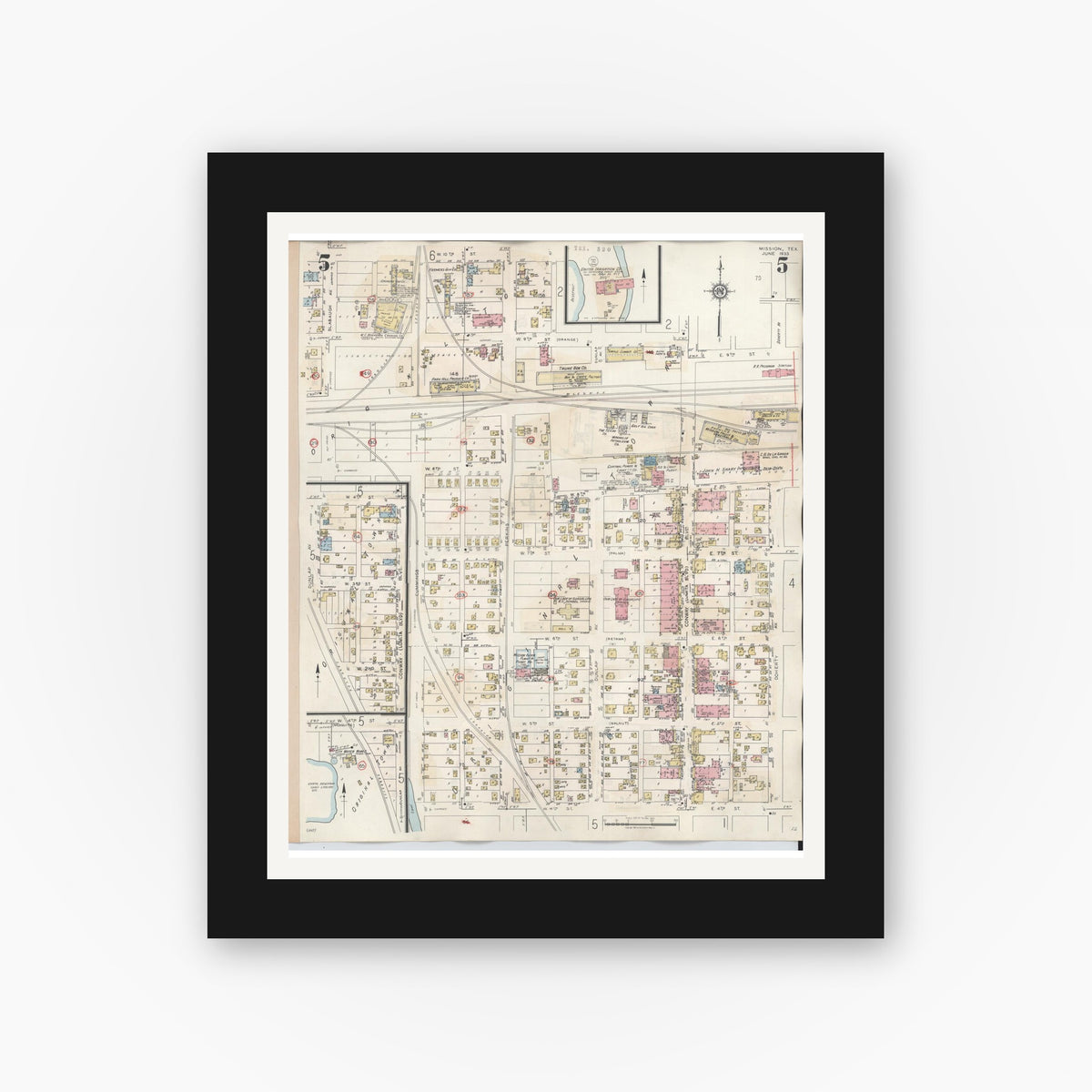 Old map wall art mockup — black gallery frame with white mat — Sanborn Fire Insurance Map from Mission, Hidalgo County, Texas (1949), Sheet #0005