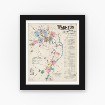 Old map wall art mockup — black gallery frame with white mat — Sanborn Fire Insurance Map from Taunton, Bristol County, Massachusetts (1888), Sheet #0001