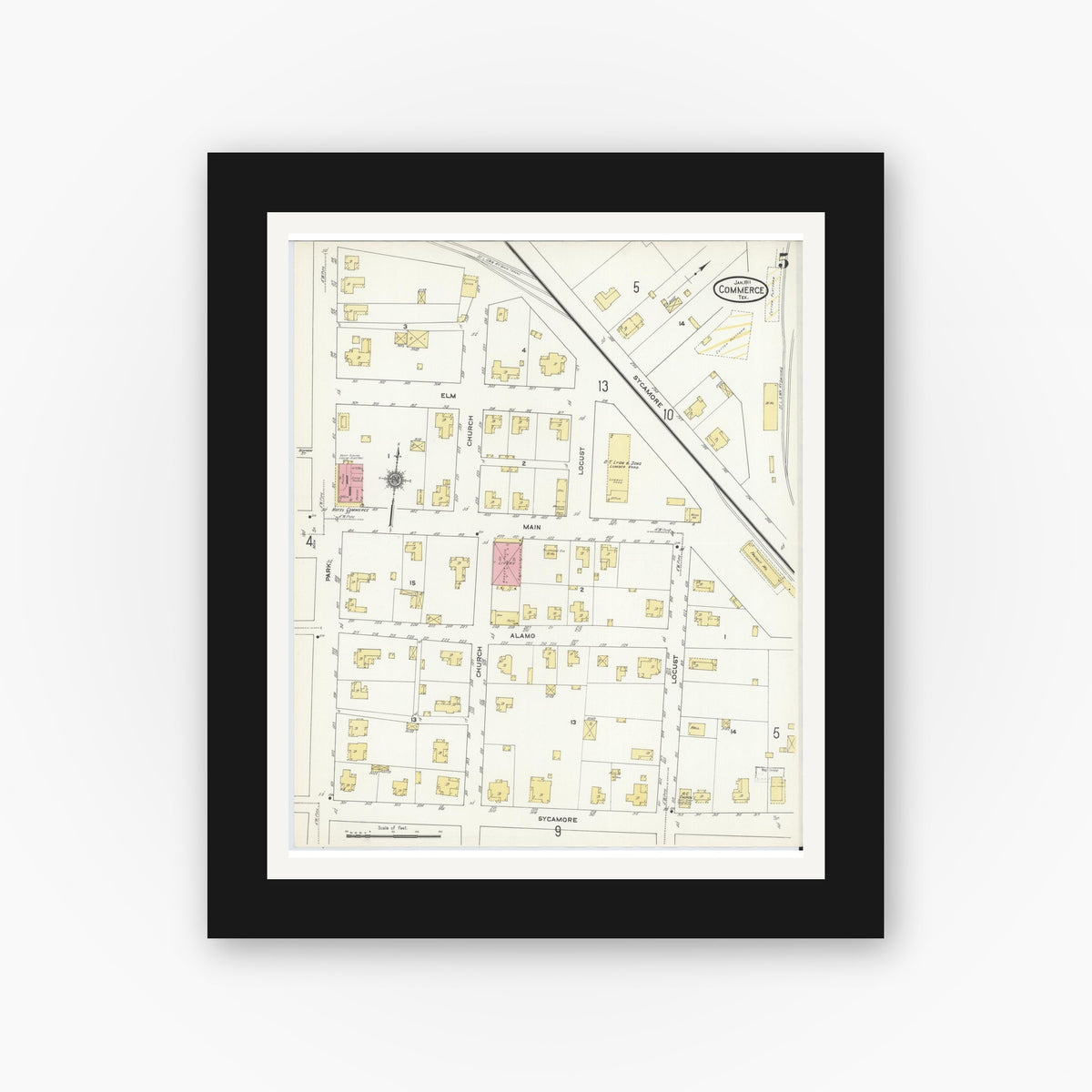 Old map wall art mockup — black gallery frame with white mat — Sanborn Fire Insurance Map from Commerce, Hunt County, Texas (1911), Sheet #0005