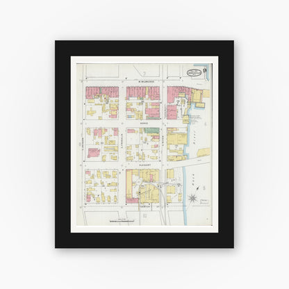 Old map wall art mockup — black gallery frame with white mat — Sanborn Fire Insurance Map from Janesville, Rock County, Wisconsin (1895), Sheet #0009