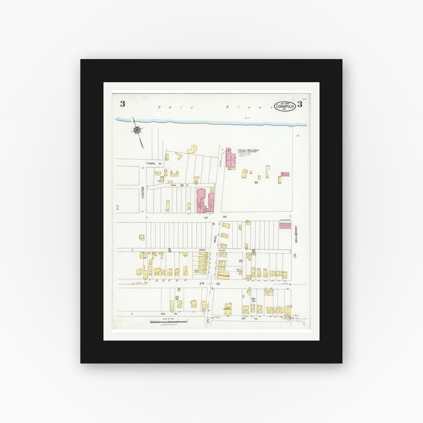 Old map wall art mockup — black gallery frame with white mat — Sanborn Fire Insurance Map from Coraopolis, Allegheny County, Pennsylvania (1924), Sheet #0003