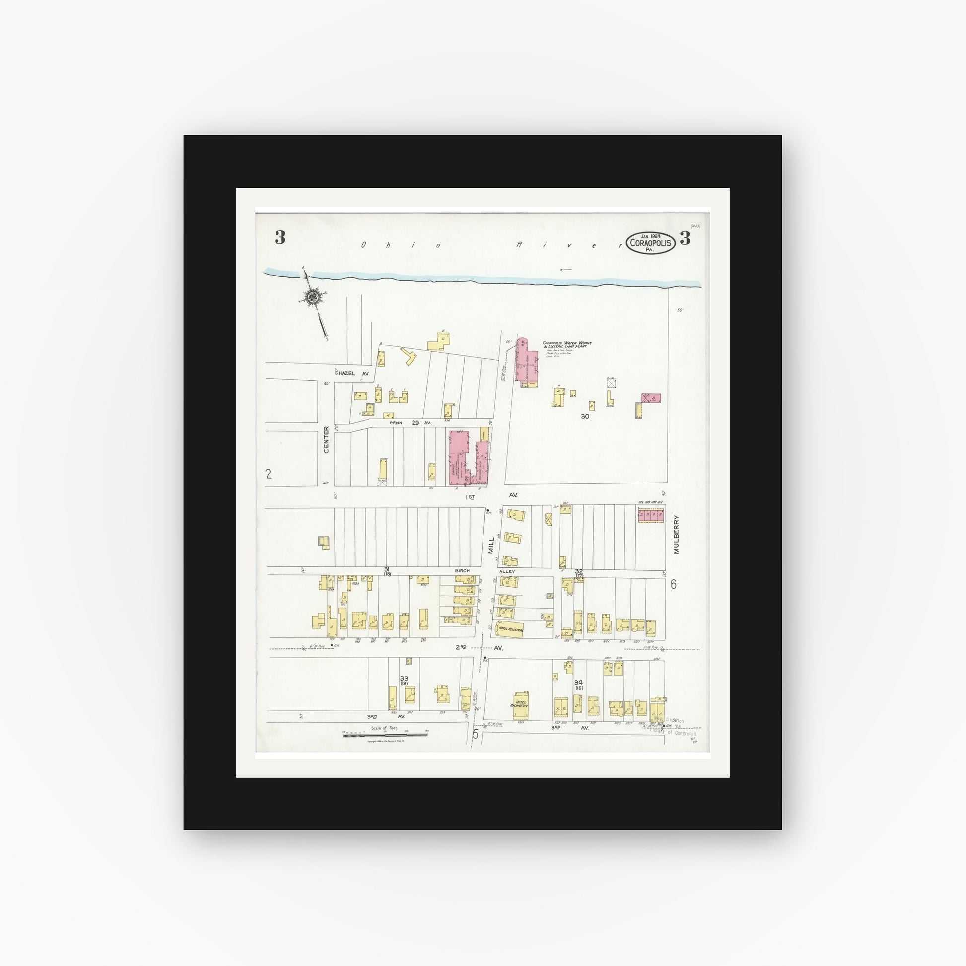 Old map wall art mockup — black gallery frame with white mat — Sanborn Fire Insurance Map from Coraopolis, Allegheny County, Pennsylvania (1924), Sheet #0003