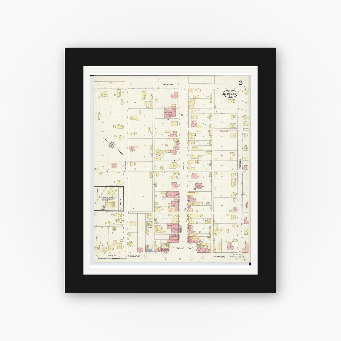 Old map wall art mockup — black gallery frame with white mat — Sanborn Fire Insurance Map from Somerset, Perry County, Ohio (1913), Sheet #0002