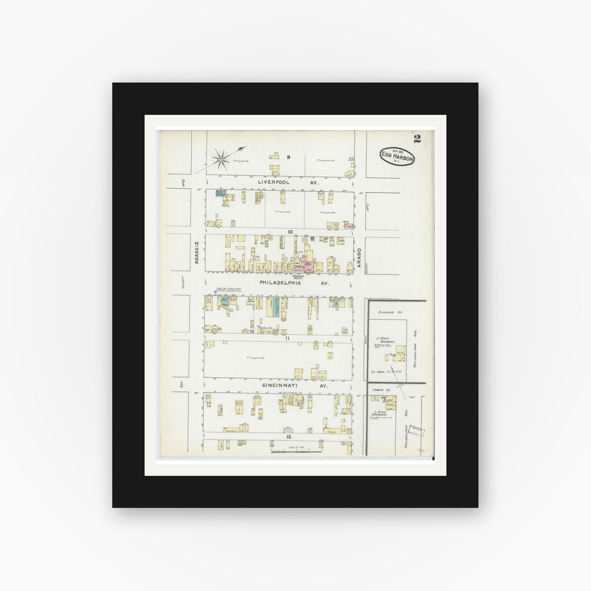 Old map wall art mockup — black gallery frame with white mat — Sanborn Fire Insurance Map from Egg Harbor City, Atlantic County, New Jersey (1891), Sheet #0002