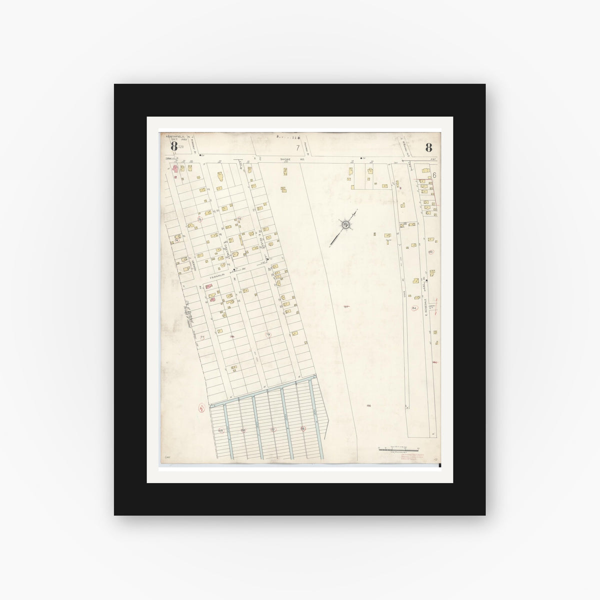 Old map wall art mockup — black gallery frame with white mat — Sanborn Fire Insurance Map from Northfield, Atlantic County, New Jersey (1942), Sheet #0008
