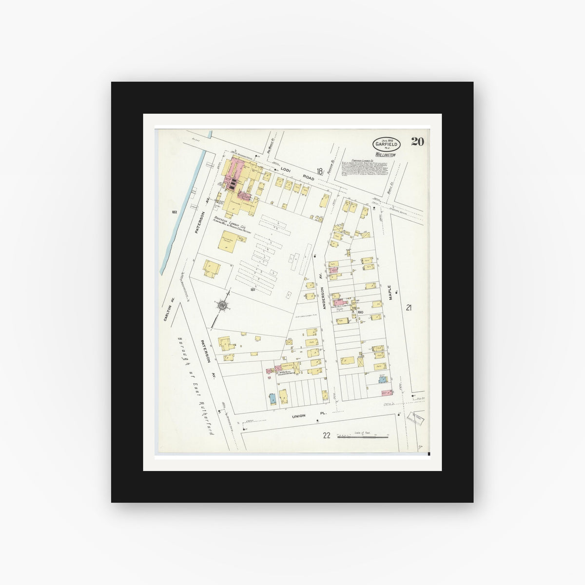 Old map wall art mockup — black gallery frame with white mat — Sanborn Fire Insurance Map from Garfield, Bergen County, New Jersey (1910), Sheet #0020