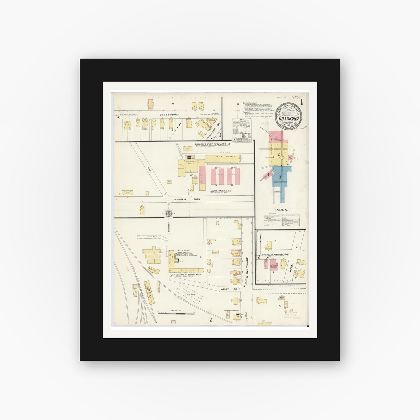 Old map wall art mockup — black gallery frame with white mat — Sanborn Fire Insurance Map from Dillsburg, York County, Pennsylvania (1911), Sheet #0001