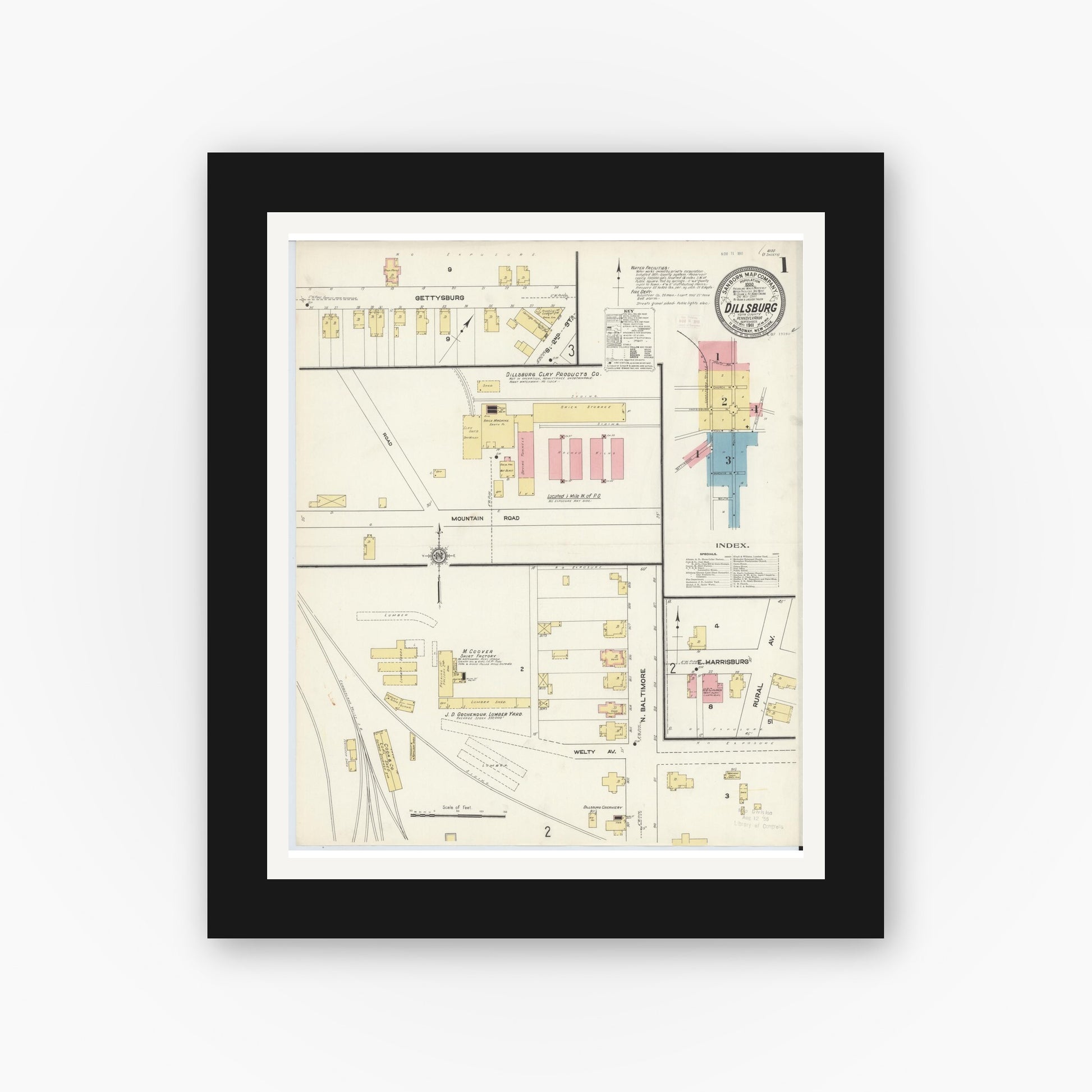 Old map wall art mockup — black gallery frame with white mat — Sanborn Fire Insurance Map from Dillsburg, York County, Pennsylvania (1911), Sheet #0001