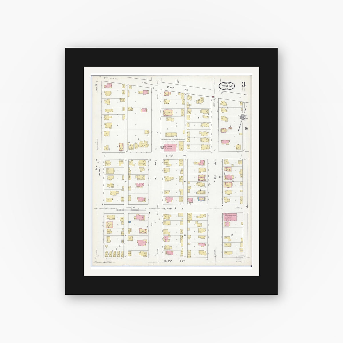 Old map wall art mockup — black gallery frame with white mat — Sanborn Fire Insurance Map from Sterling, Whiteside County, Illinois (1916), Sheet #0003