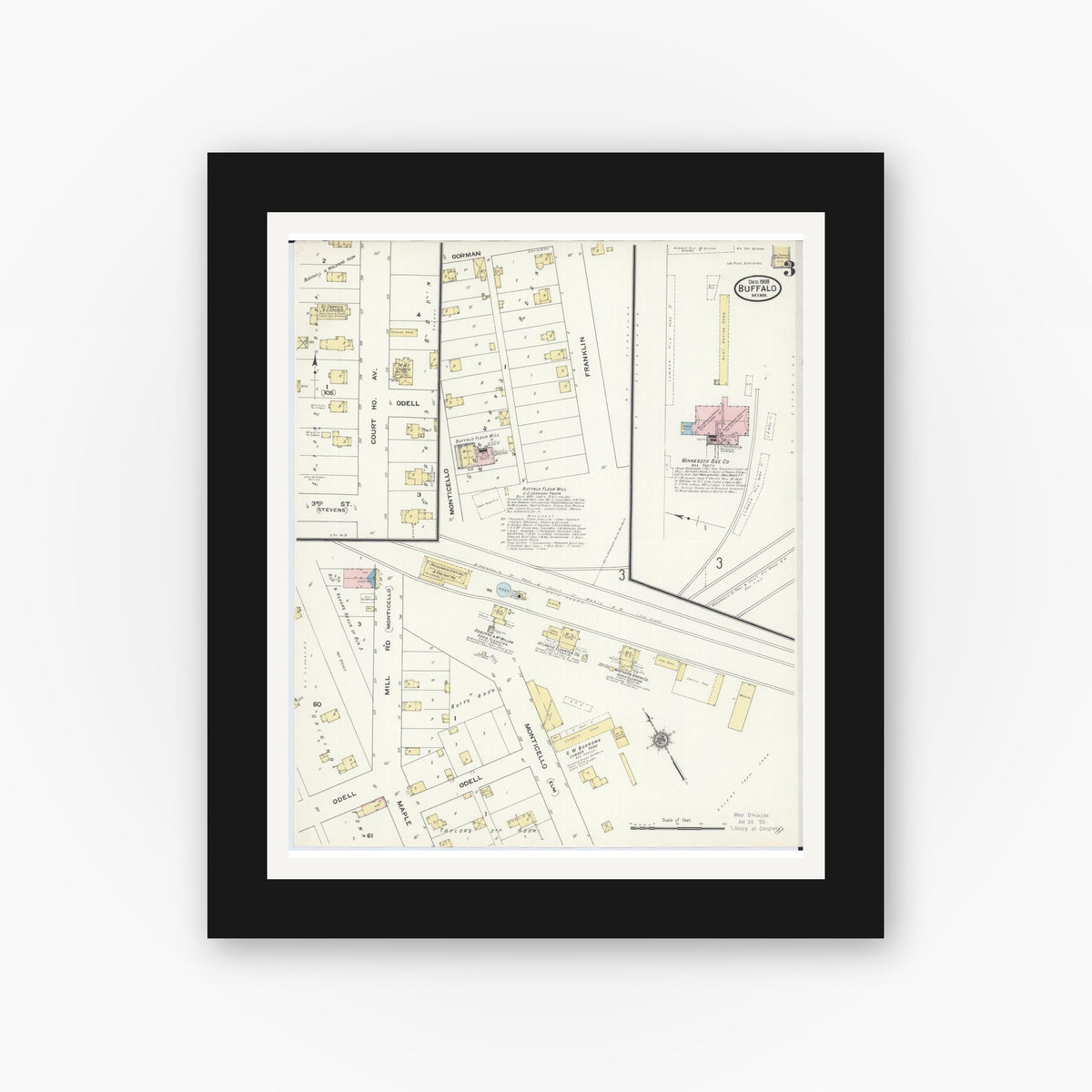 Old map wall art mockup — black gallery frame with white mat — Sanborn Fire Insurance Map from Buffalo, Wright County, Minnesota (1909), Sheet #0003
