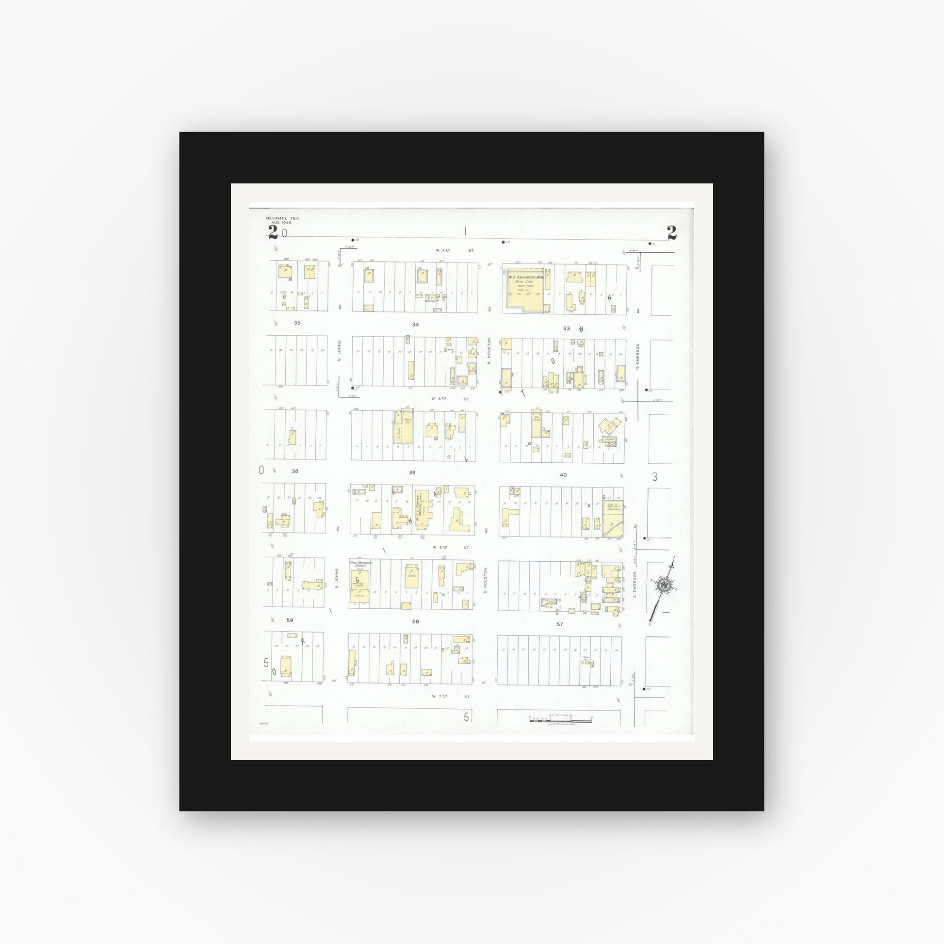 Old map wall art mockup — black gallery frame with white mat — Sanborn Fire Insurance Map from McCamey, Upton County, Texas (1946), Sheet #0002