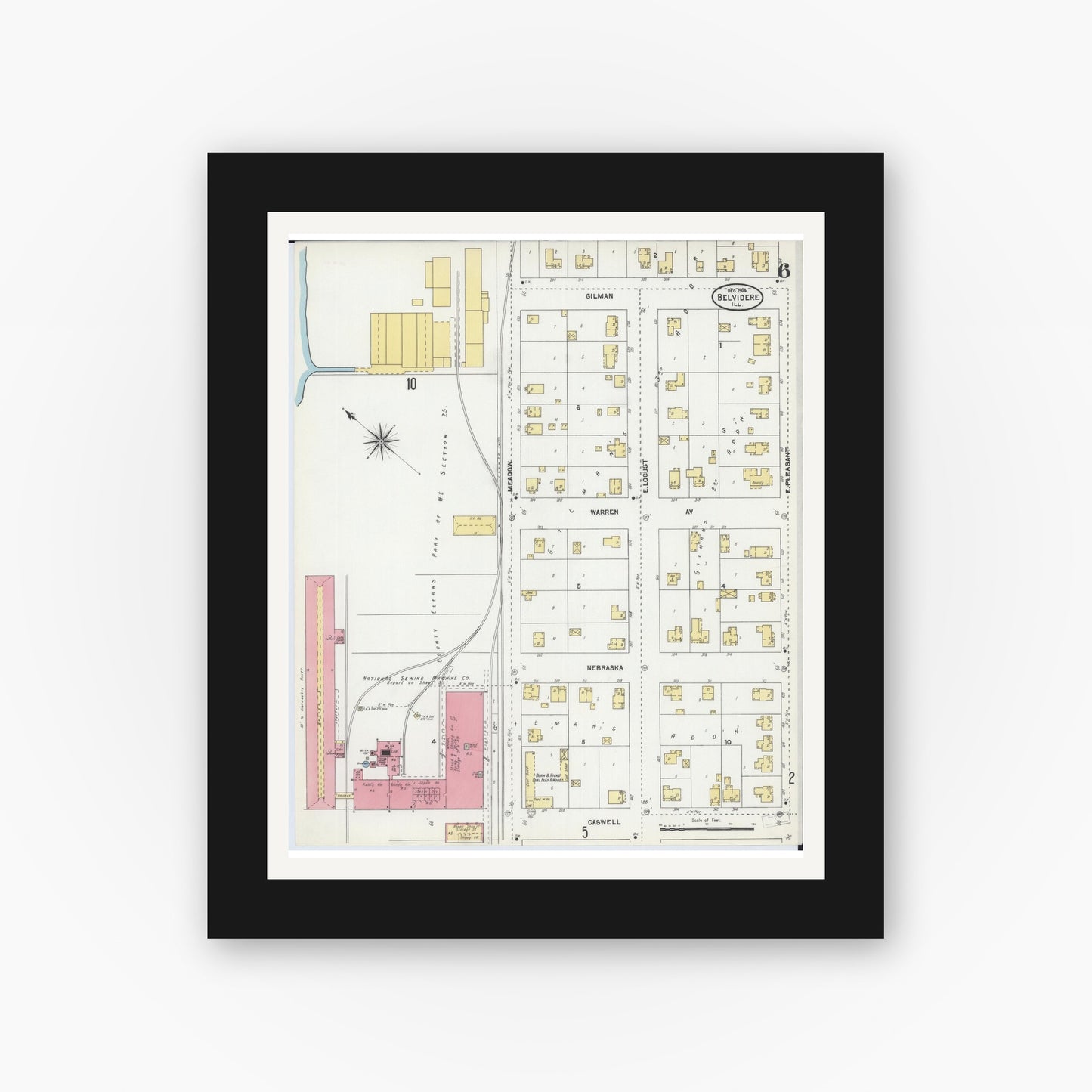 Old map wall art mockup — black gallery frame with white mat — Sanborn Fire Insurance Map from Belvidere, Boone County, Illinois (1904), Sheet #0006