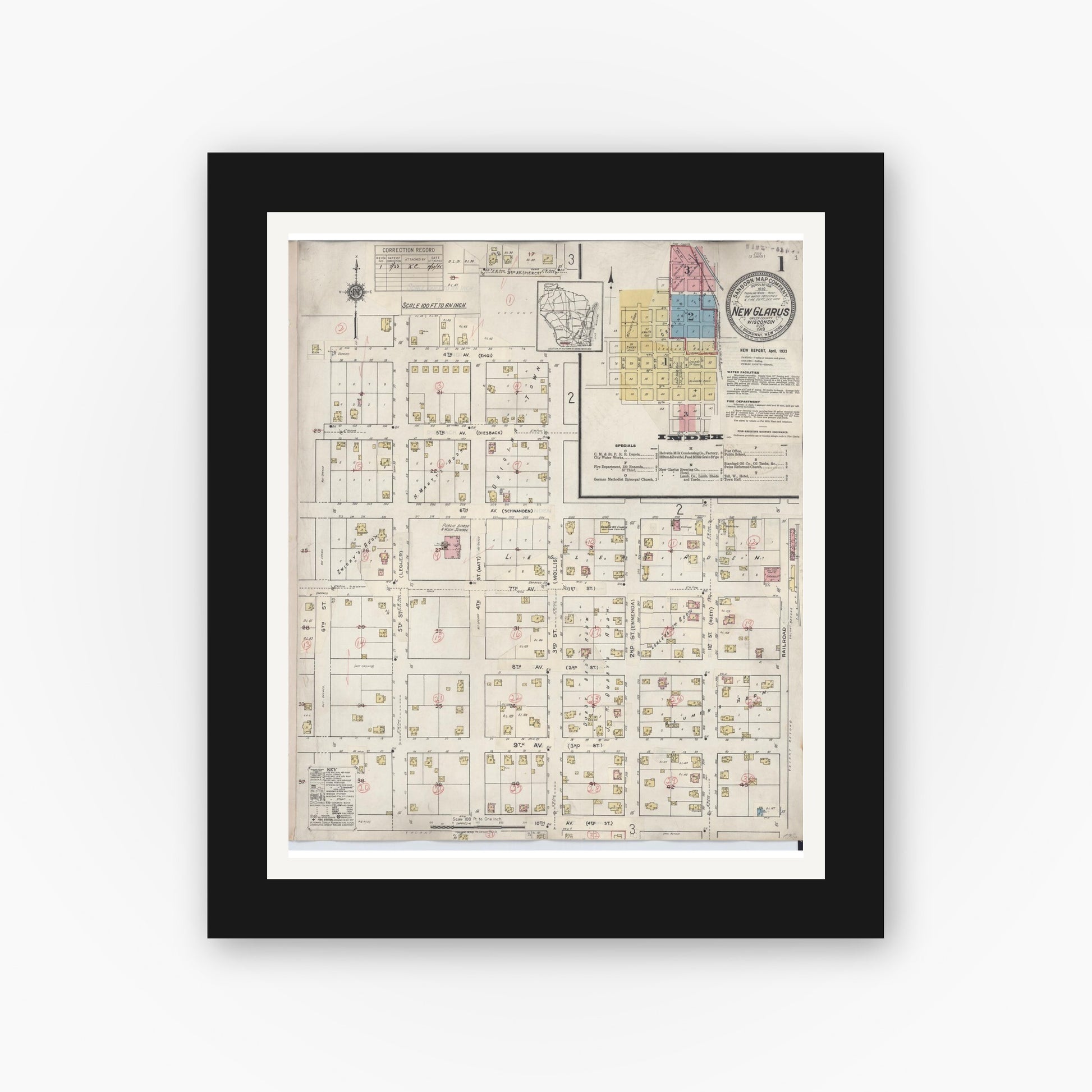 Old map wall art mockup — black gallery frame with white mat — Sanborn Fire Insurance Map from New Glarus, Green County, Wisconsin (1933) - Complete Map Set
