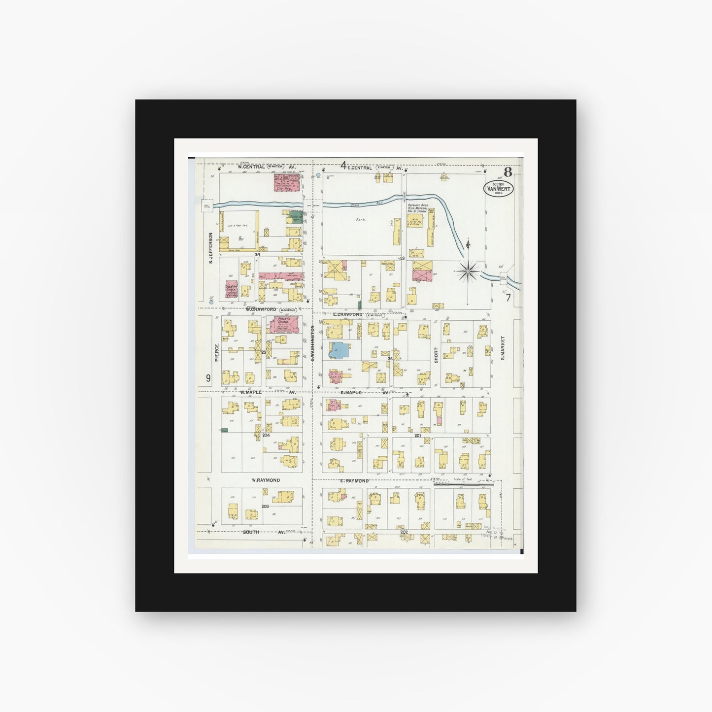 Old map wall art mockup — black gallery frame with white mat — Sanborn Fire Insurance Map from Van Wert, Van Wert County, Ohio (1901), Sheet #0008