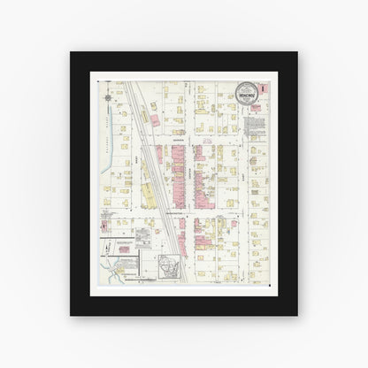 Old map wall art mockup — black gallery frame with white mat — Sanborn Fire Insurance Map from Wonewoc, Juneau County, Wisconsin (1914), Sheet #0001