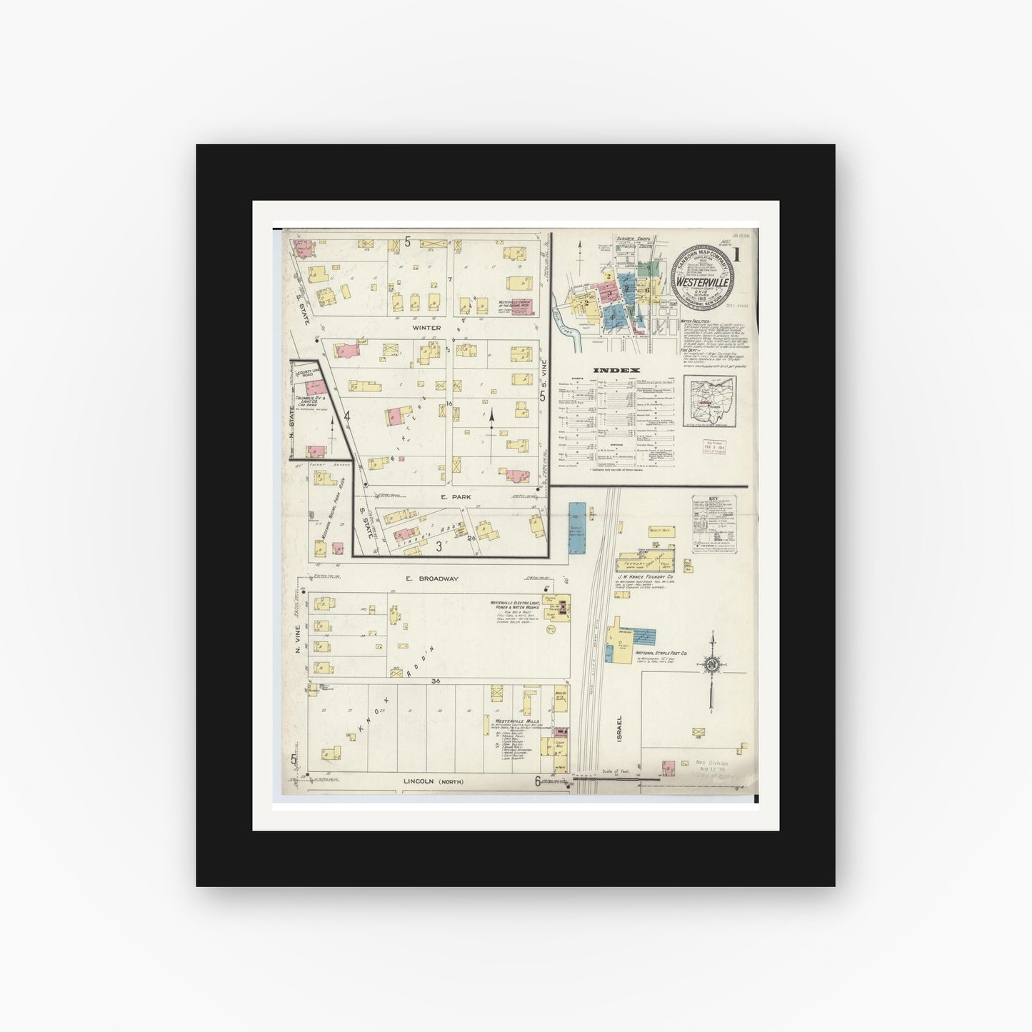Old map wall art mockup — black gallery frame with white mat — Sanborn Fire Insurance Map from Westerville, Franklin County, Ohio (1913), Sheet #0001