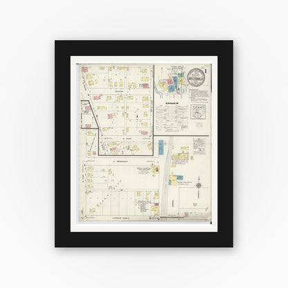 Old map wall art mockup — black gallery frame with white mat — Sanborn Fire Insurance Map from Westerville, Franklin County, Ohio (1913), Sheet #0001