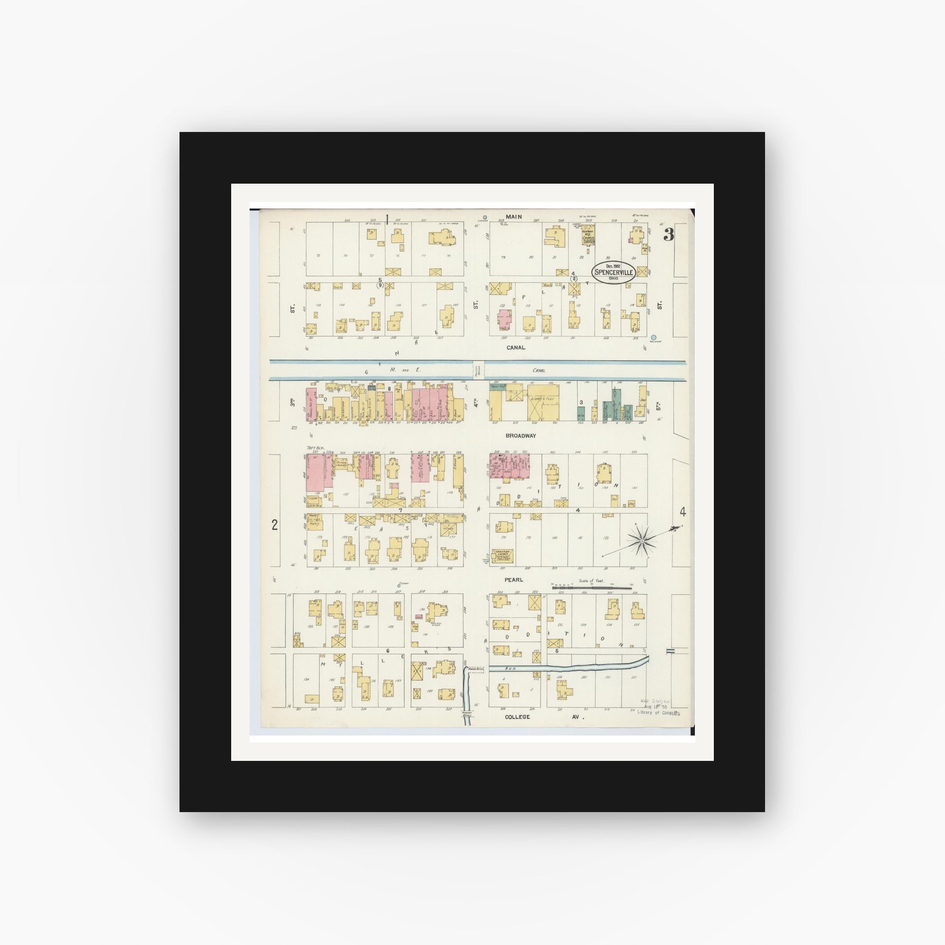 Old map wall art mockup — black gallery frame with white mat — Sanborn Fire Insurance Map from Spencerville, Allen County, Ohio (1902), Sheet #0003