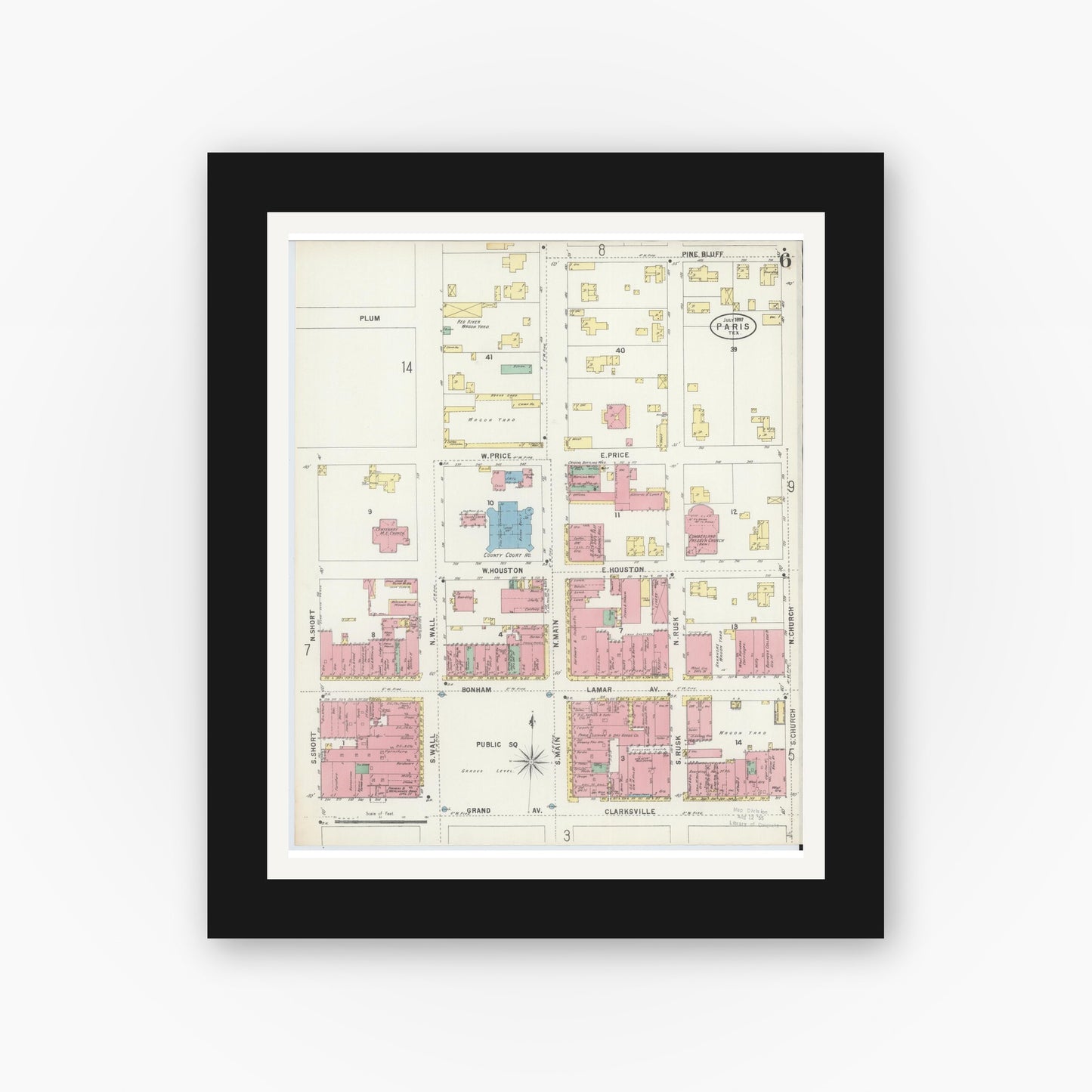 Old map wall art mockup — black gallery frame with white mat — Sanborn Fire Insurance Map from Paris, Lamar County, Texas (1897), Sheet #0006