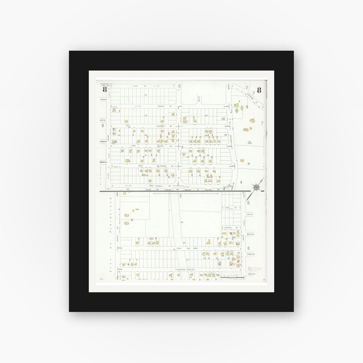 Old map wall art mockup — black gallery frame with white mat — Sanborn Fire Insurance Map from Fanwood, Union County, New Jersey (1933), Sheet #0008