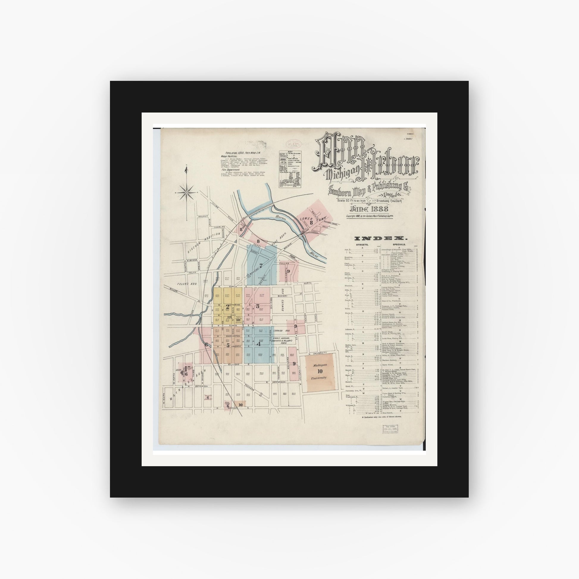 Old map wall art mockup — black gallery frame with white mat — Sanborn Fire Insurance Map from Ann Arbor, Washtenaw County, Michigan (1888), Sheet #0001