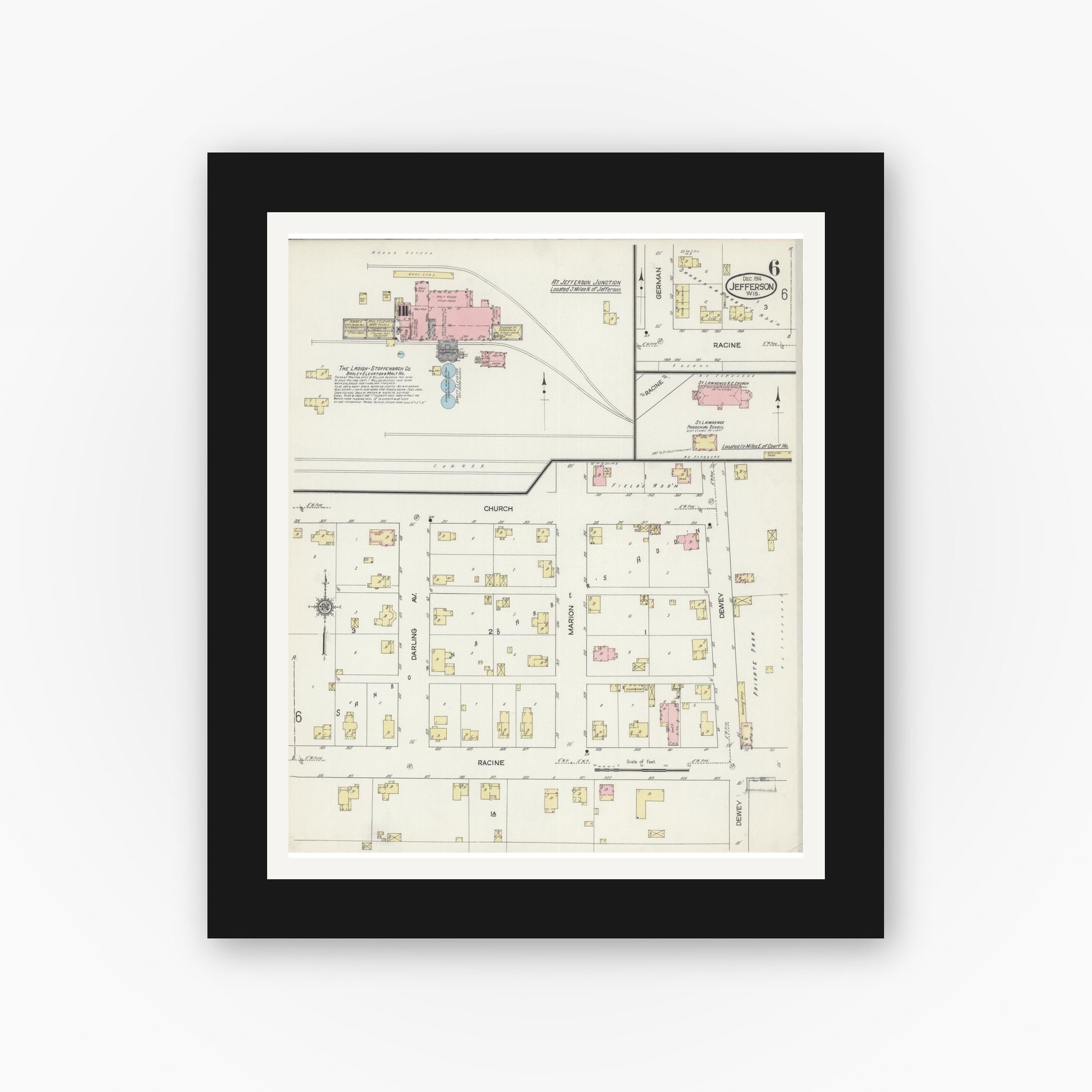 Old map wall art mockup — black gallery frame with white mat — Sanborn Fire Insurance Map from Jefferson, Jefferson County, Wisconsin (1914), Sheet #0006