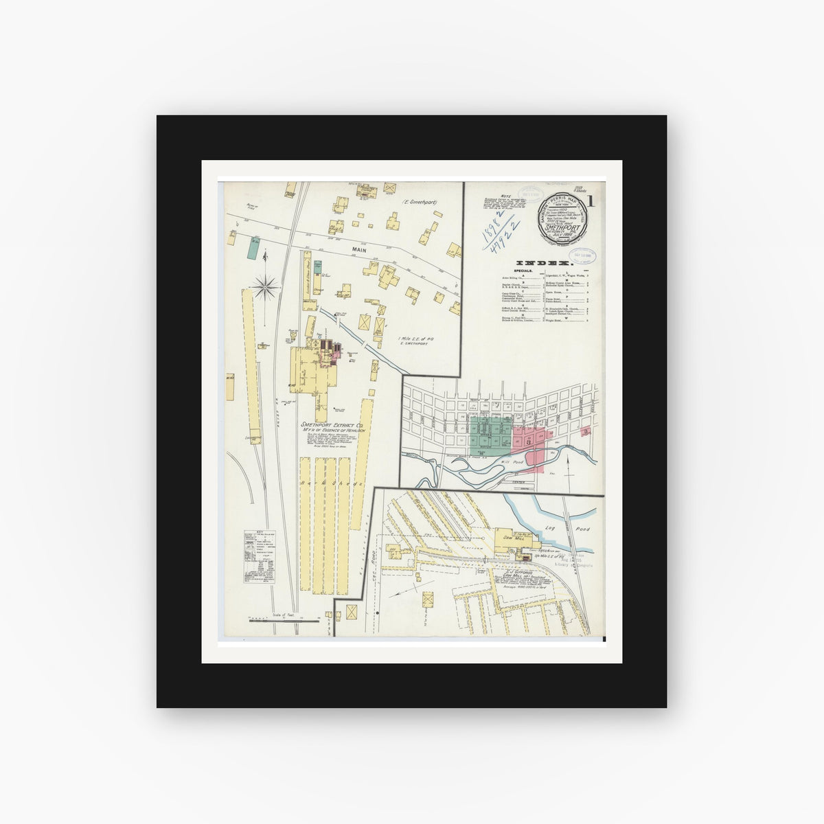 Old map wall art mockup — black gallery frame with white mat — Sanborn Fire Insurance Map from Smethport, McKean County, Pennsylvania (1898) - Complete Map Set
