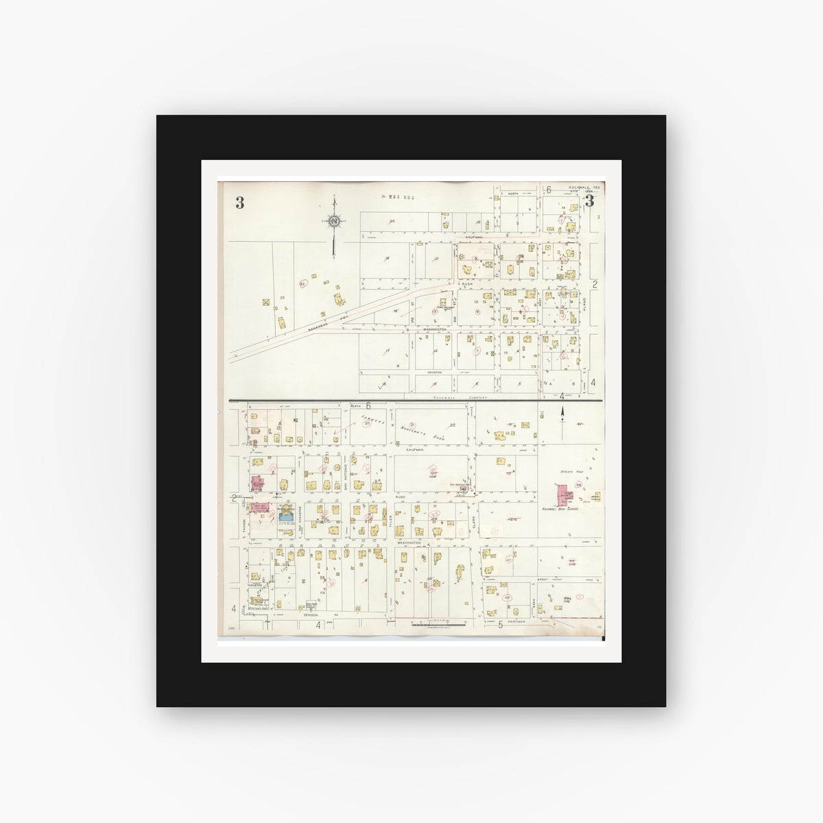 Old map wall art mockup — black gallery frame with white mat — Sanborn Fire Insurance Map from Rockwall, Rockwall County, Texas (1945), Sheet #0003