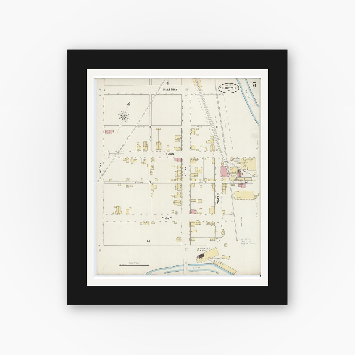 Old map wall art mockup — black gallery frame with white mat — Sanborn Fire Insurance Map from Wrightsville, York County, Pennsylvania (1894), Sheet #0005