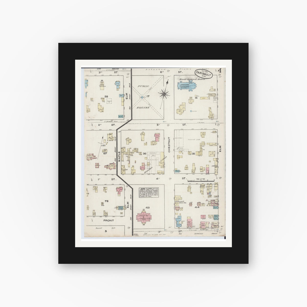 Old map wall art mockup — black gallery frame with white mat — Sanborn Fire Insurance Map from Faribault, Rice County, Minnesota (1884), Sheet #0004