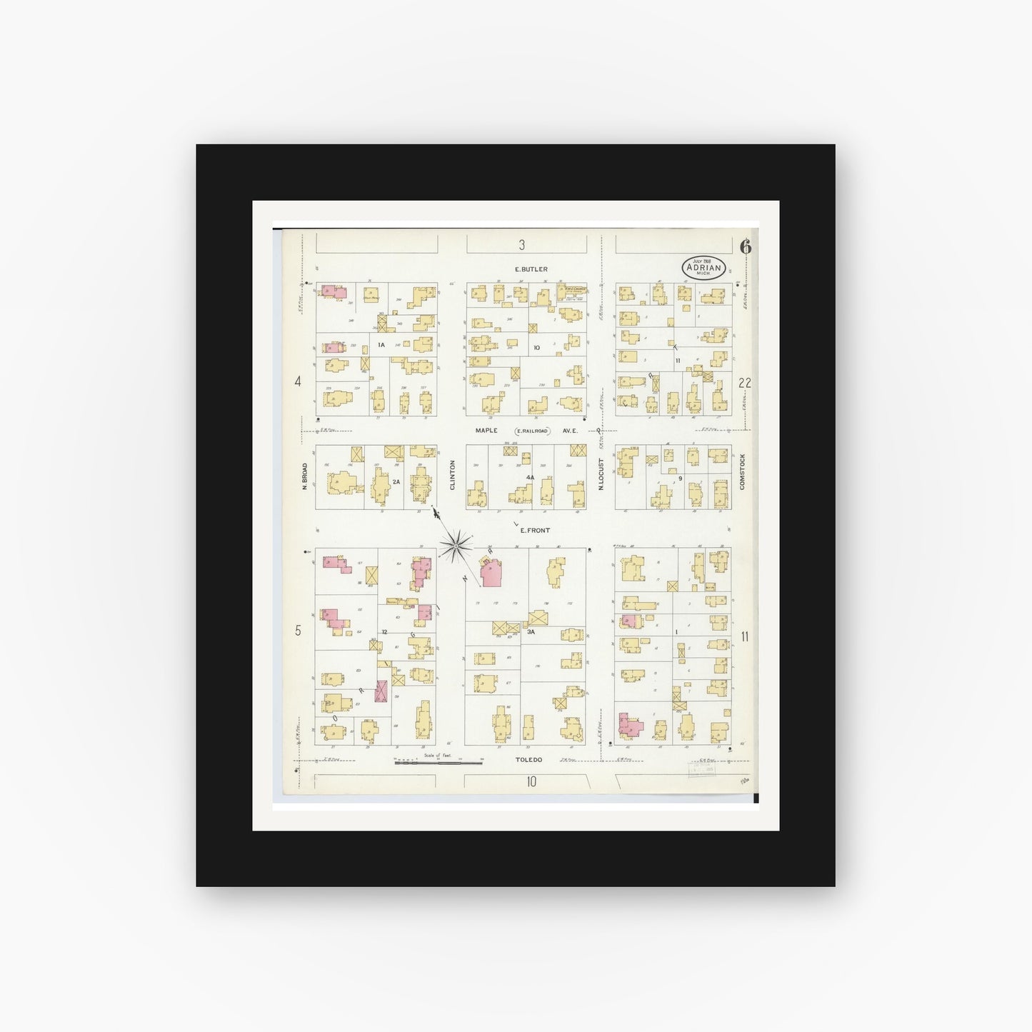 Old map wall art mockup — black gallery frame with white mat — Sanborn Fire Insurance Map from Adrian, Lenawee County, Michigan (1908), Sheet #0006