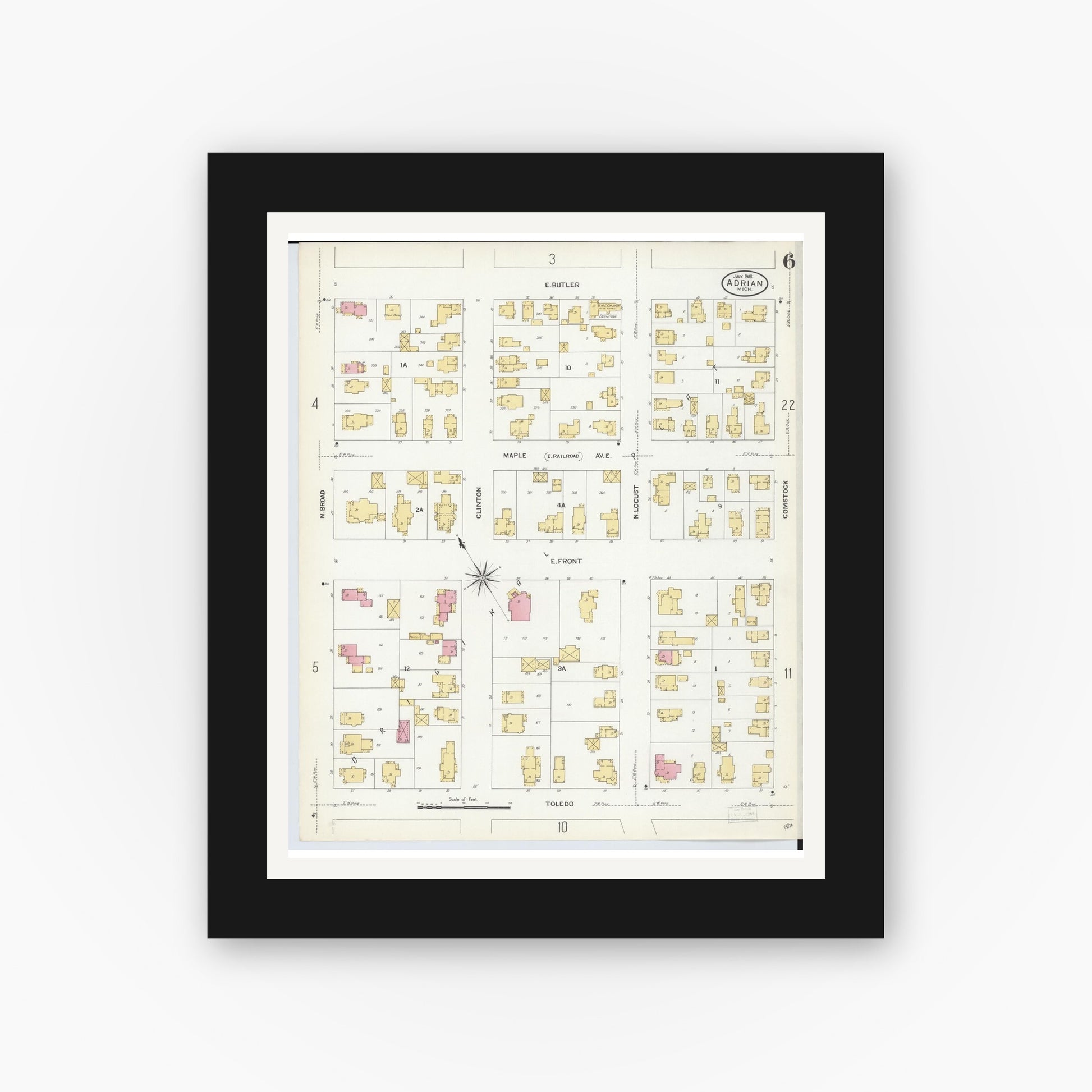 Old map wall art mockup — black gallery frame with white mat — Sanborn Fire Insurance Map from Adrian, Lenawee County, Michigan (1908), Sheet #0006