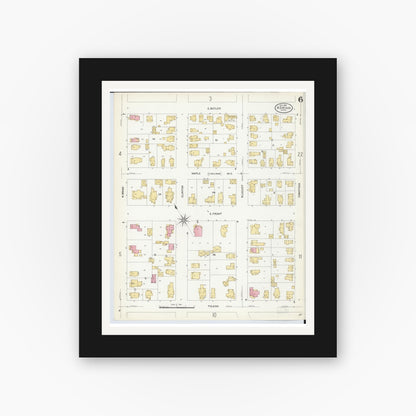 Old map wall art mockup — black gallery frame with white mat — Sanborn Fire Insurance Map from Adrian, Lenawee County, Michigan (1908), Sheet #0006