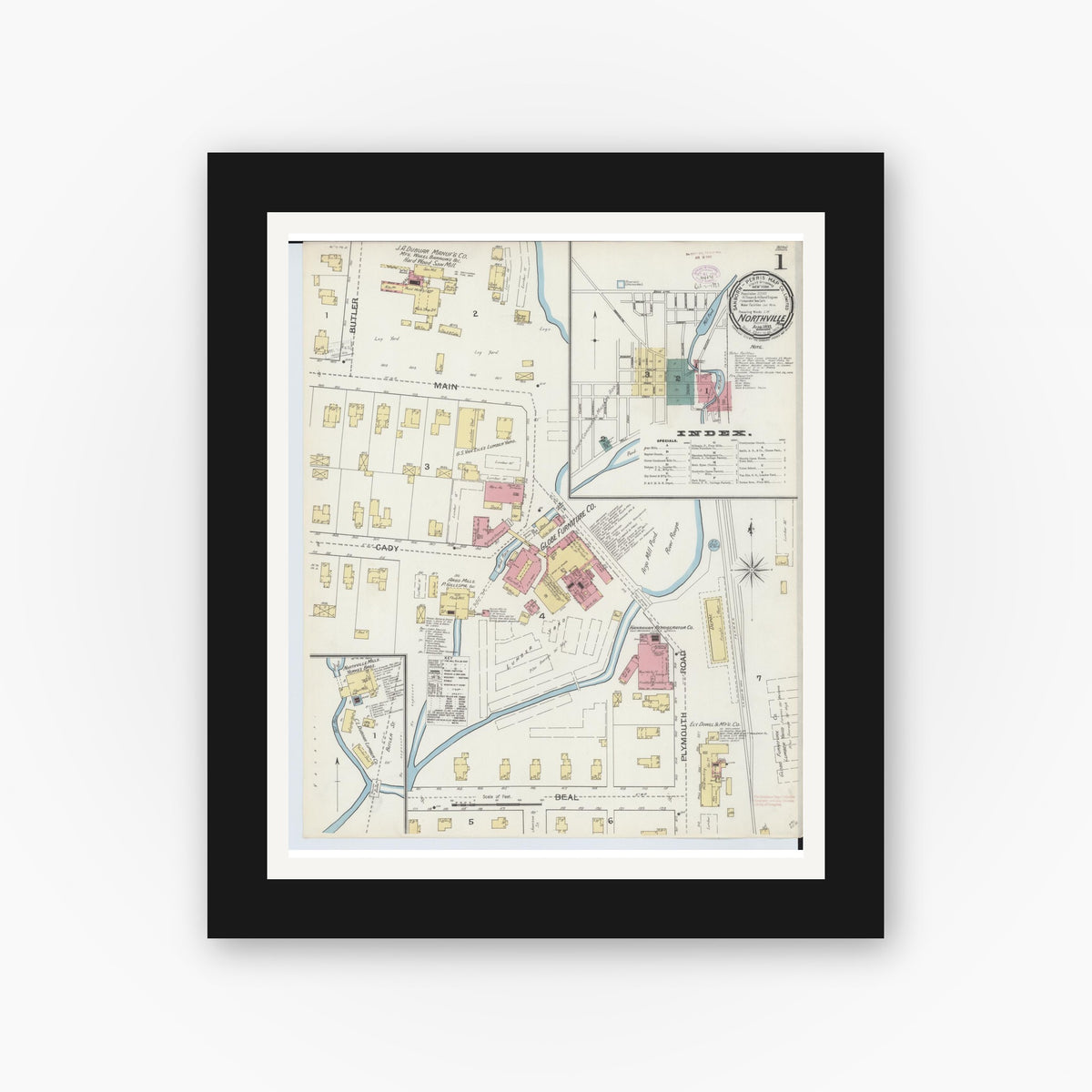 Old map wall art mockup — black gallery frame with white mat — Sanborn Fire Insurance Map from Northville, Wayne County, Michigan (1893), Sheet #0001