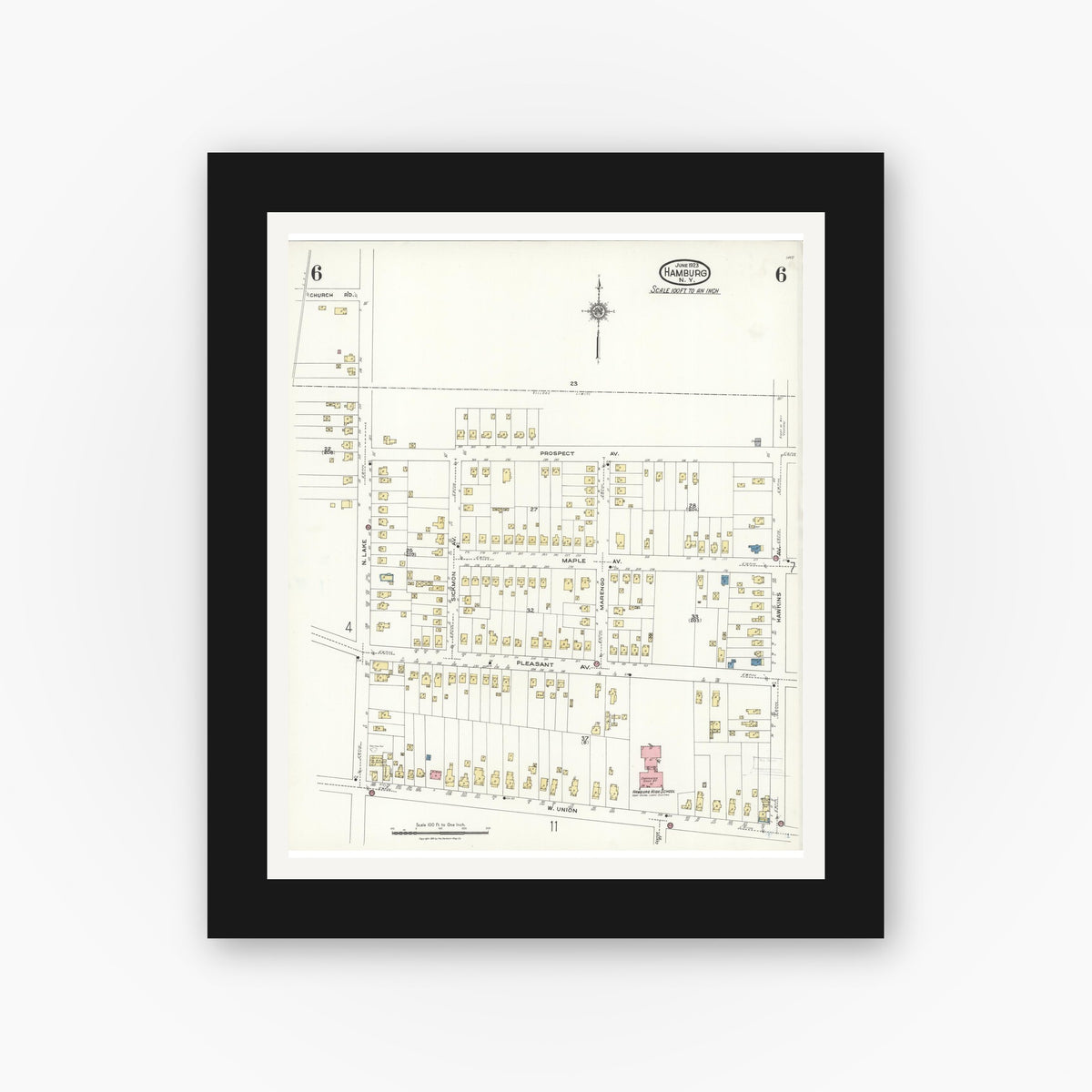 Old map wall art mockup — black gallery frame with white mat — Sanborn Fire Insurance Map from Hamburg, Erie County, New York (1923), Sheet #0006