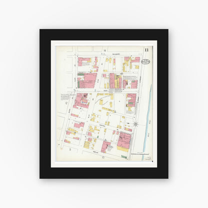 Old map wall art mockup — black gallery frame with white mat — Sanborn Fire Insurance Map from Madison, Jefferson County, Indiana (1904), Sheet #0011