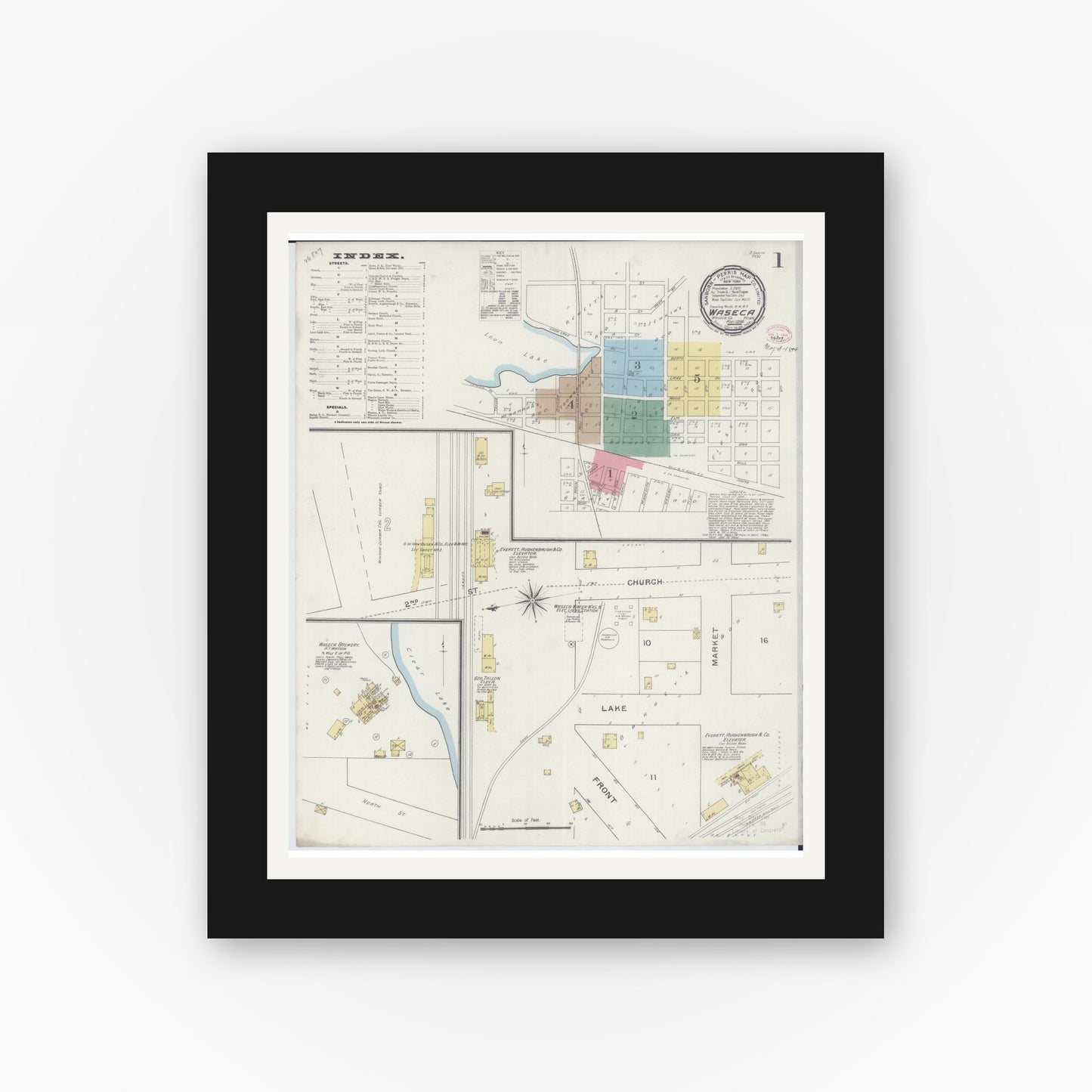 Old map wall art mockup — black gallery frame with white mat — Sanborn Fire Insurance Map from Waseca, Waseca County, Minnesota (1894), Sheet #0001