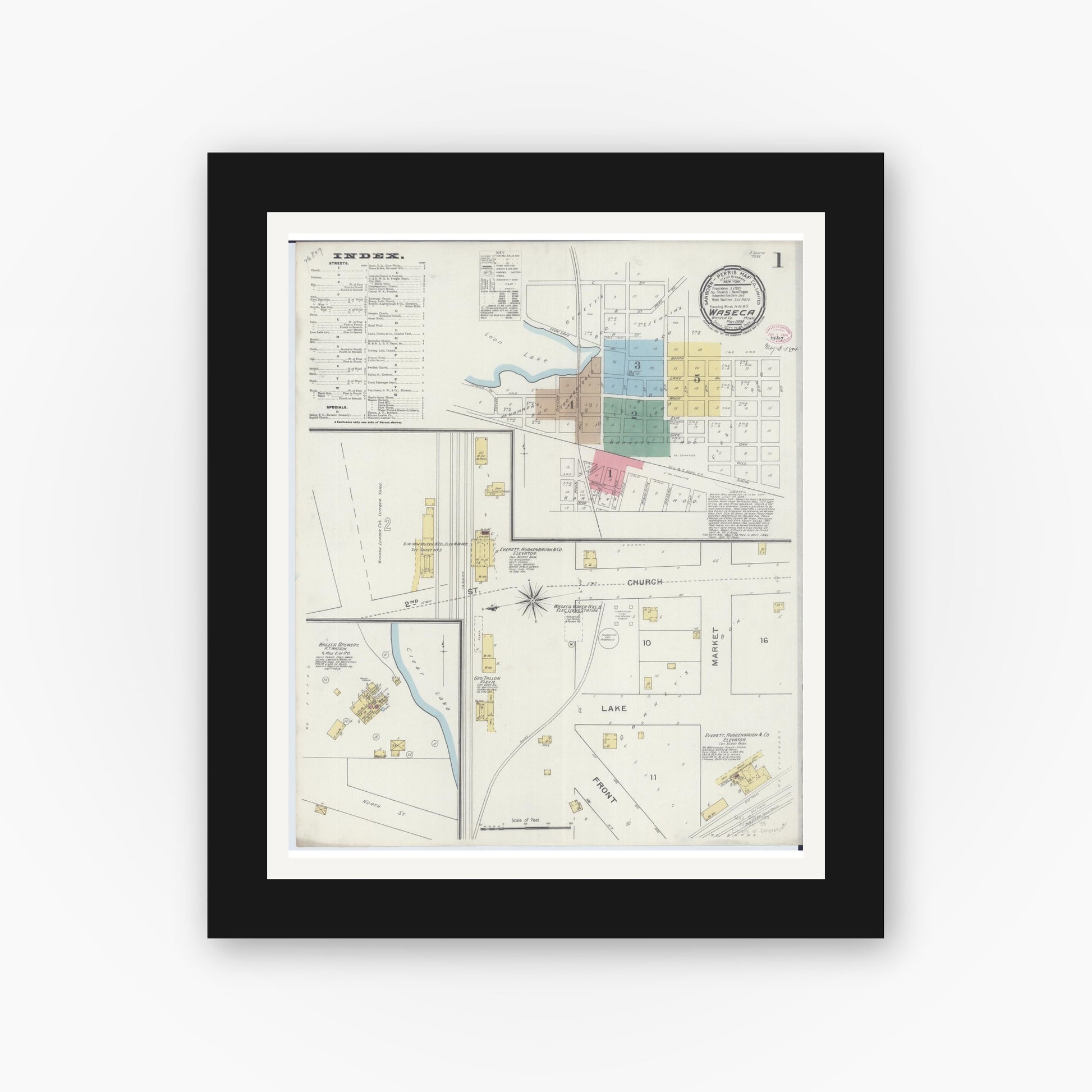 Old map wall art mockup — black gallery frame with white mat — Sanborn Fire Insurance Map from Waseca, Waseca County, Minnesota (1894), Sheet #0001