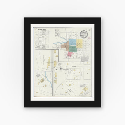 Old map wall art mockup — black gallery frame with white mat — Sanborn Fire Insurance Map from Waseca, Waseca County, Minnesota (1894), Sheet #0001