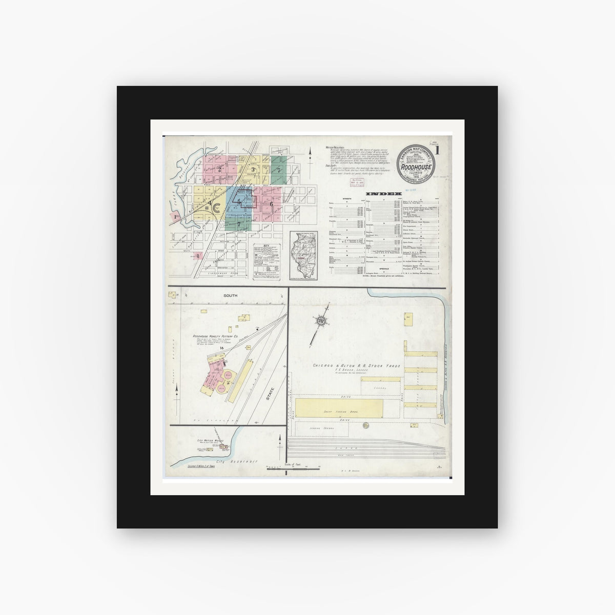 Old map wall art mockup — black gallery frame with white mat — Sanborn Fire Insurance Map from Roodhouse, Greene County, Illinois (1914), Sheet #0001