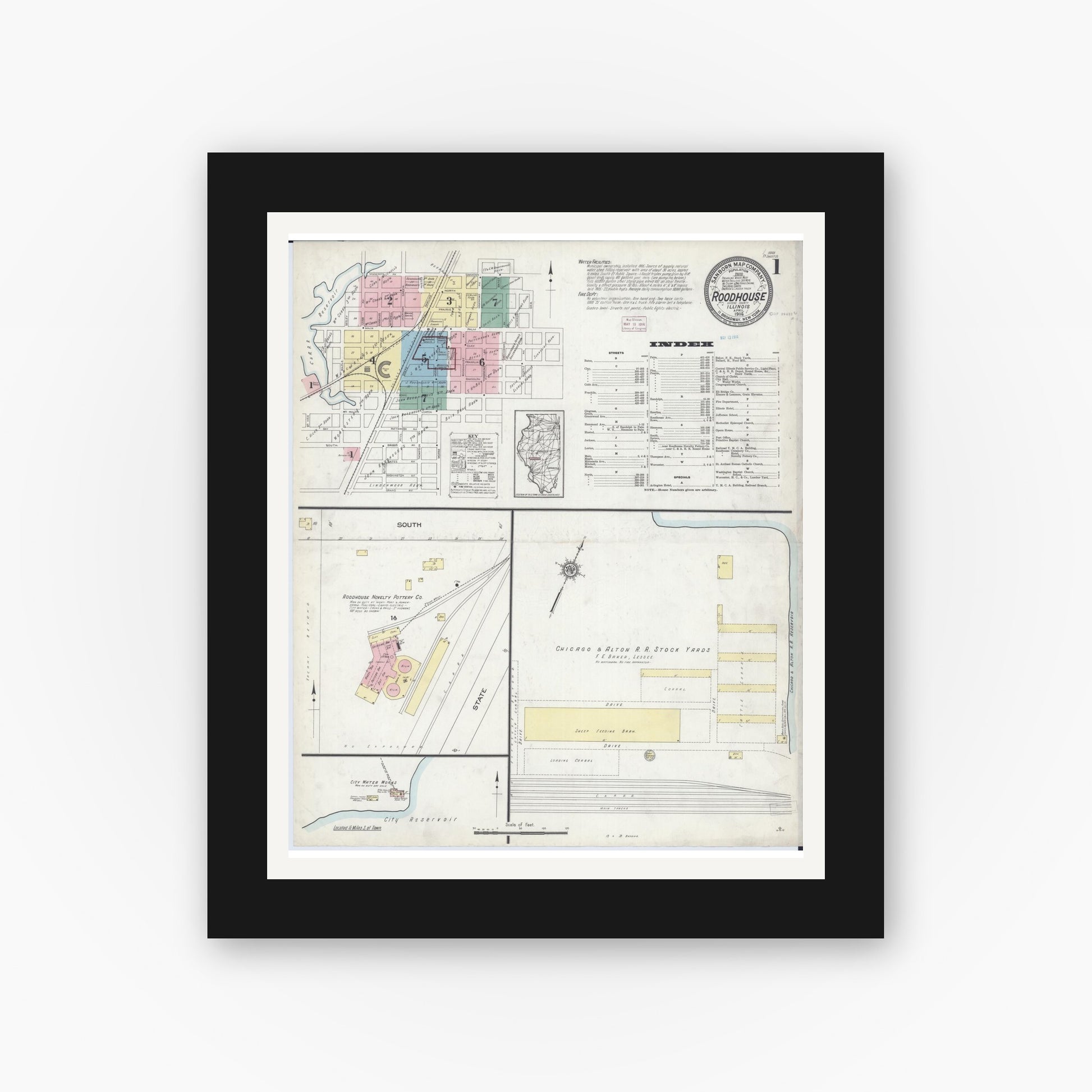 Old map wall art mockup — black gallery frame with white mat — Sanborn Fire Insurance Map from Roodhouse, Greene County, Illinois (1914), Sheet #0001