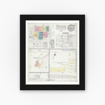 Old map wall art mockup — black gallery frame with white mat — Sanborn Fire Insurance Map from Roodhouse, Greene County, Illinois (1914), Sheet #0001