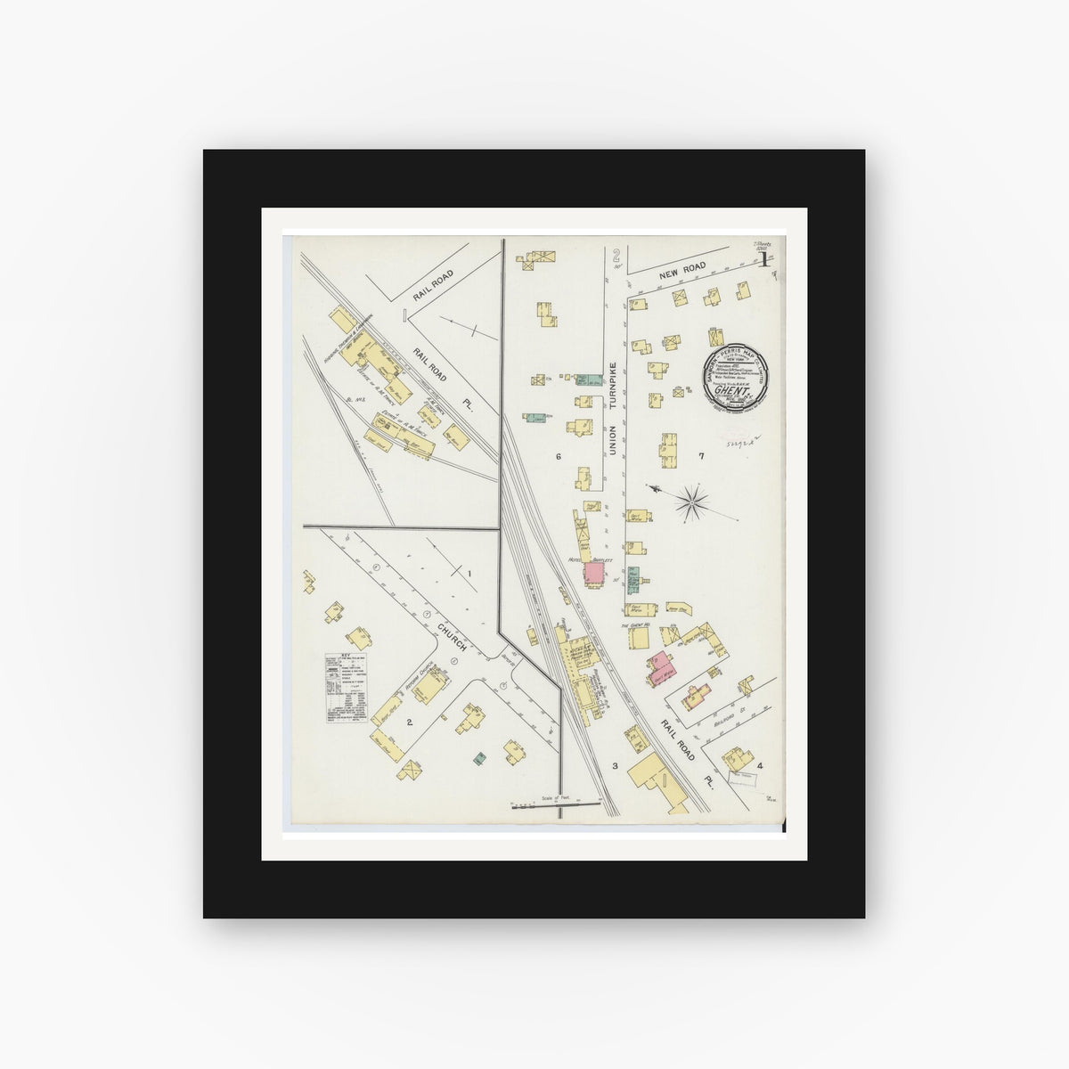 Old map wall art mockup — black gallery frame with white mat — Sanborn Fire Insurance Map from Ghent, Columbia County, New York (1892), Sheet #0001