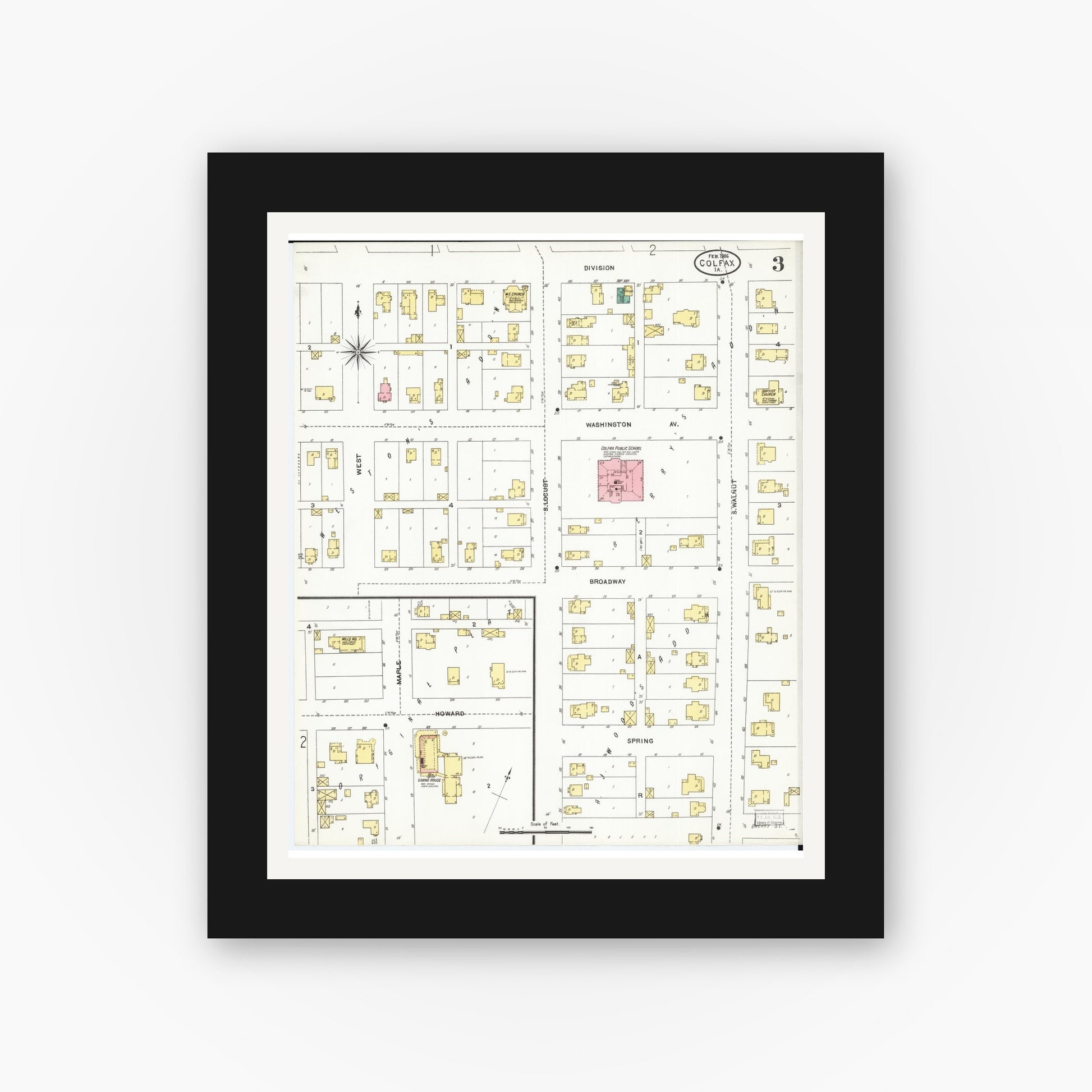Old map wall art mockup — black gallery frame with white mat — Sanborn Fire Insurance Map from Colfax, Jasper County, Iowa (1906), Sheet #0003