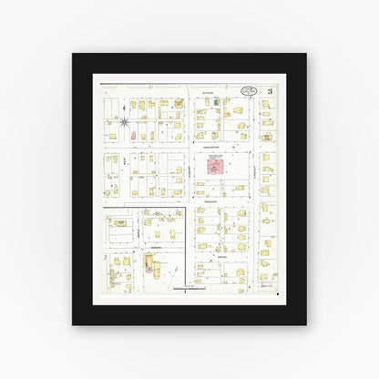 Old map wall art mockup — black gallery frame with white mat — Sanborn Fire Insurance Map from Colfax, Jasper County, Iowa (1906), Sheet #0003