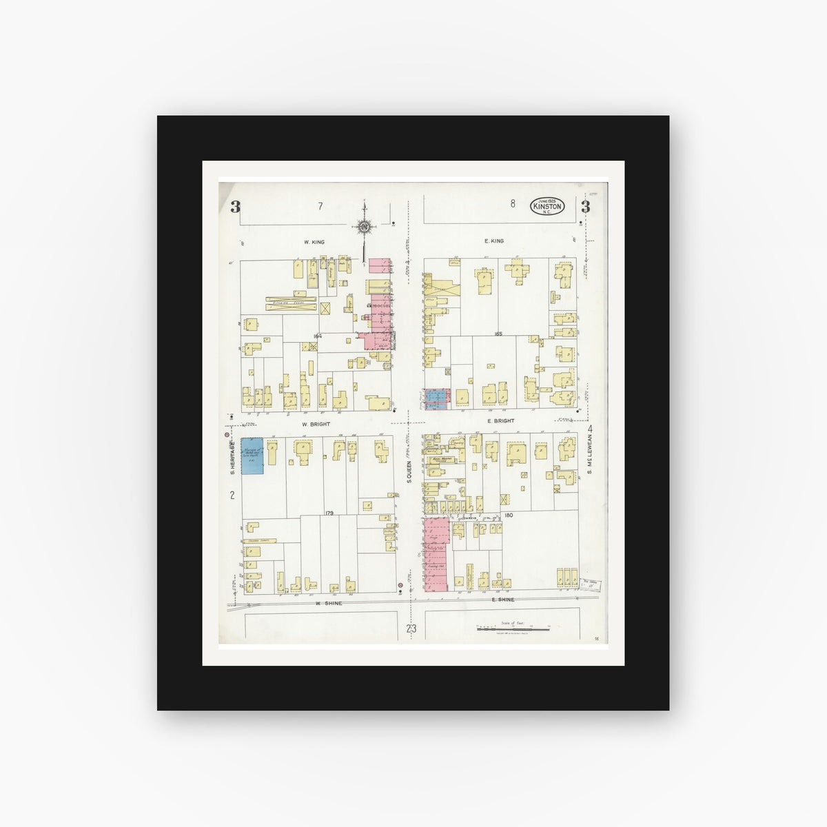 Old map wall art mockup — black gallery frame with white mat — Sanborn Fire Insurance Map from Kinston, Lenoir County, North Carolina (1925), Sheet #0003