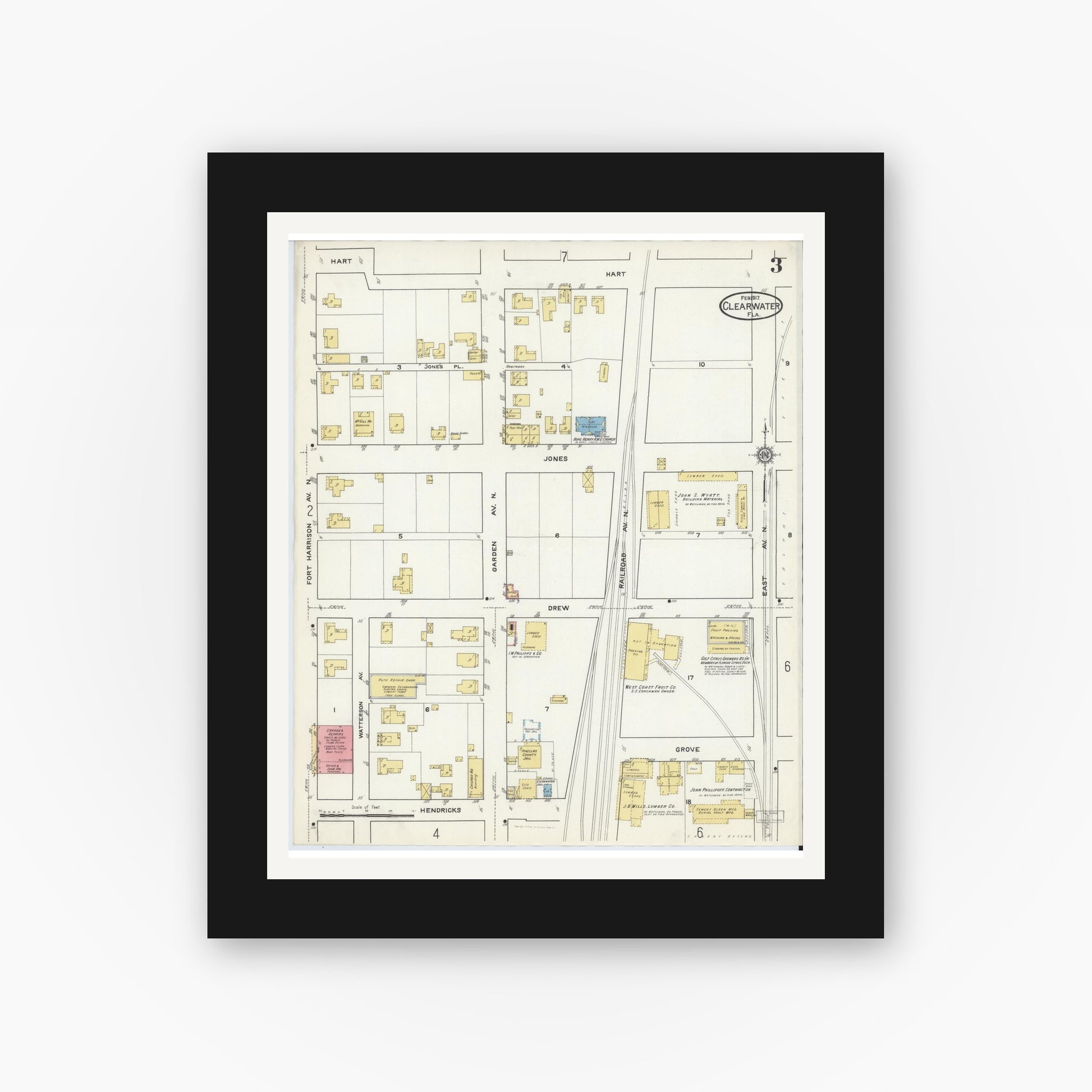 Old map wall art mockup — black gallery frame with white mat — Sanborn Fire Insurance Map from Clearwater, Pinellas County, Florida (1917), Sheet #0003