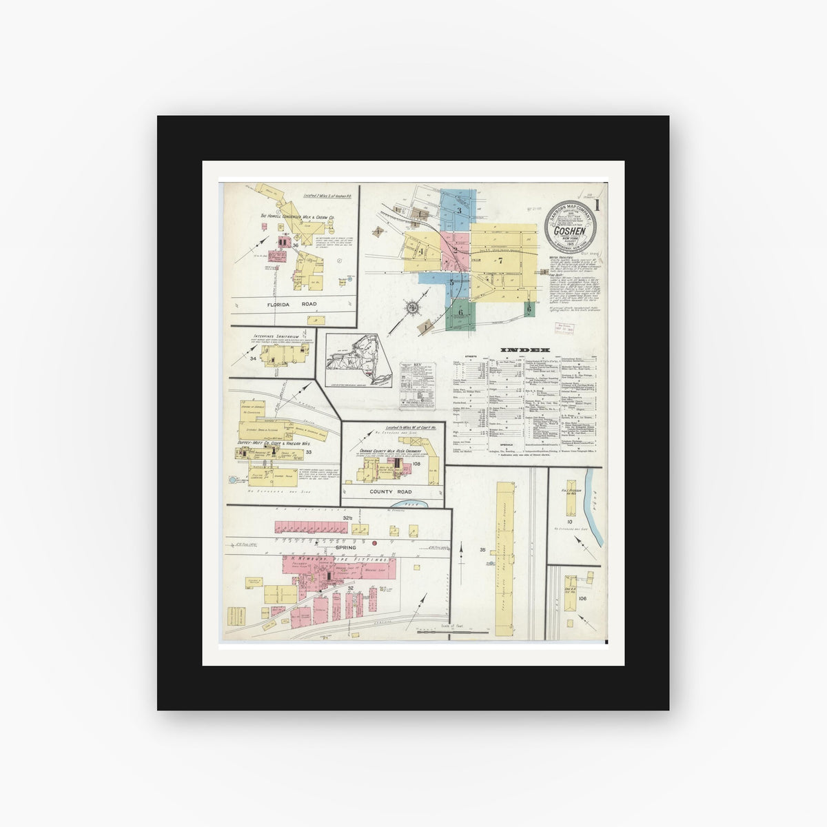 Old map wall art mockup — black gallery frame with white mat — Sanborn Fire Insurance Map from Goshen, Orange County, New York (1915) - Complete Map Set