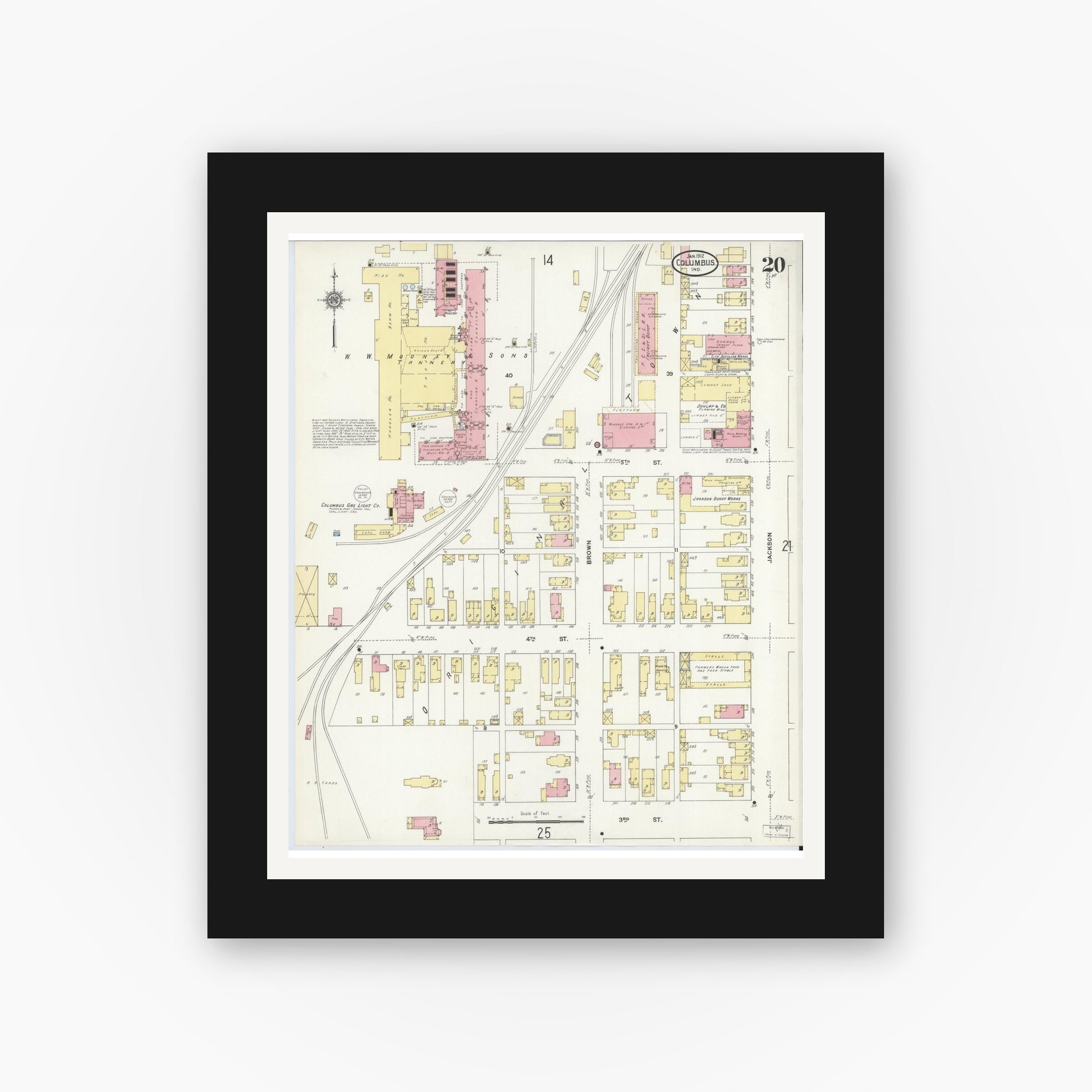Old map wall art mockup — black gallery frame with white mat — Sanborn Fire Insurance Map from Columbus, Bartholomew County, Indiana (1912), Sheet #0020
