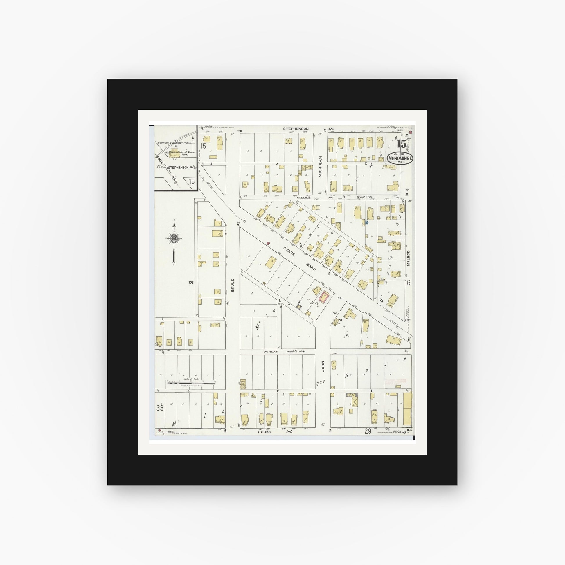 Old map wall art mockup — black gallery frame with white mat — Sanborn Fire Insurance Map from Menominee, Menominee County, Michigan (1921), Sheet #0015